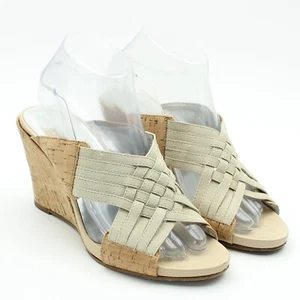 DONALD PLINER Womens Size 8.5 Beige Fabric Cork Heel Wedge Sandals - Picture 1 of 12
