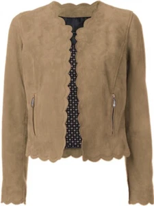 NWT BARBARA BUI Suede Jacket 42 Brown Scalloped Edge Silver Zipped Pockets 10 - Picture 1 of 7