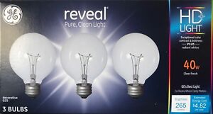 3 GE Reveal HD+ Light 40-Watt G25 Clear Globe Light Bulbs w/Medium Base 
