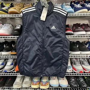 Adidas Puffer Vest Blue White Three Stripes Mens Size Small New With Tags - Picture 1 of 5