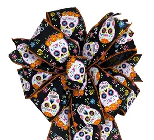 Halloween Wreath Bow- Sugar Skulls Bow- Halloween Decor- Halloween Bow - Picture 1 of 3