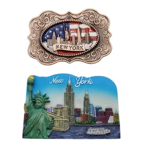2 New York Magnete emailliert Stadtszene & USA Flagge & Freiheitsstatue 3D Magnet - Bild 1 von 5