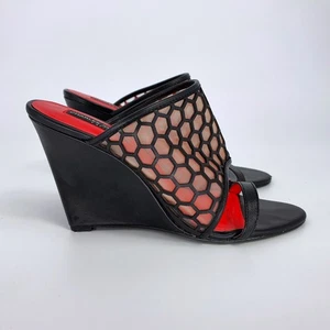 Charles Jourdan Lennox Honeycomb Black Leather Wedge Heels Size 9.5M Avant Garde - Picture 1 of 8