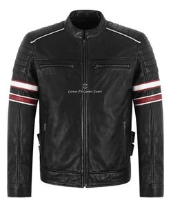 Men's Real Leather Biker Jacket Black Cafe Racer Style Motorcycle Retro Striped - Picture 1 of 6