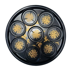 Vintage Serving Tray and 8 Coasters Mid Century Black Gold Floral Rose Metal - Picture 1 of 3