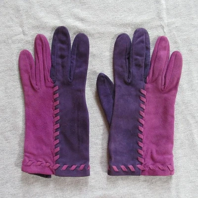 Винтажные женские перчатки Yves Saint Laurent 7,5 розовые фиолетовая кожа замша шелк YSL - Изображение 1 из 4