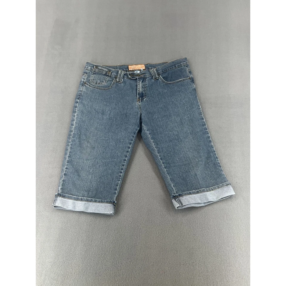 Pantalones capri de mezclilla OUT para mujer 12P pequeños bolsillos bordados con puños azules Foto 1 de 4