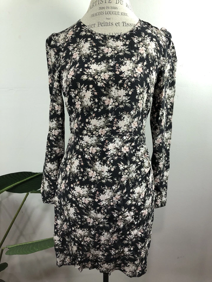 NEW CLUB MONACO Black Floral Print Amelda Faux Wrap Skirt 100% Silk Dress 4 - Image 1 of 4