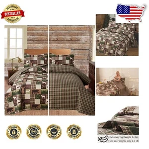 Moose Lodge Twin Lightweight Coverlet - Rustic Plaid & Wildlife Quilt Set - Picture 1 of 9
