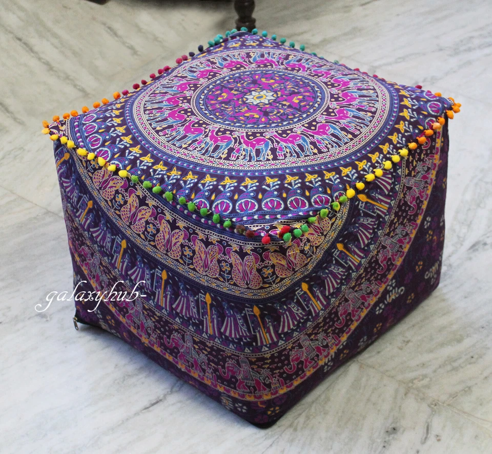 New 18" Square Multi Camel Mandala Decorative Pouf Cover Seating Ottoman Covers  - Image 1 of 4