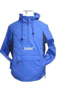 Mens Belief NYC Sport Logo Anorak Royal Pullover Windproof Pockets Zip Small - Picture 1 of 5