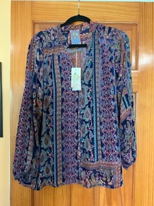 NWT Johnny Was Omo Burnout Lydia Blouse Silk Blend Long Sleeve SZ L V-Neck - Picture 1 of 5