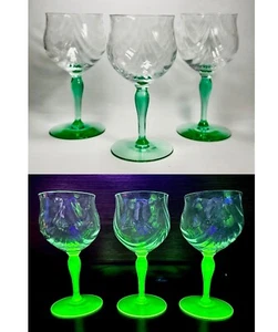 Set Of 3 Tiffin Franciscan Uranium Green Festoon Optic Water Goblets Clear Cups - Picture 1 of 19