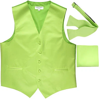 New Men's lime green formal vest Tuxedo Waistcoat self tie bow tie and hankie - Image 1 of 4