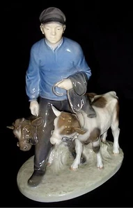 VTG Royal Copenhagen Denmark 9” Porcelain Boy with two Calves Figurine 1858 Mint - Picture 1 of 10