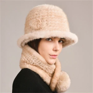 Women's Real Mink Fur Hat + Real Mink Fur scarf Knitted Beanies Warm Ski Cap - Picture 1 of 19