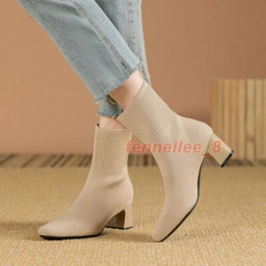 Women's Sock Boots Block Heel Square Toe Stretch Knit Ankle Boots Fashion Shoes - Picture 1 of 30