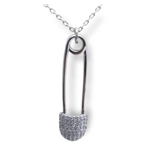 Safety Pin Pendant Necklace Jewelry Cubic Zirconia White Gold Dipped Korea CZ - Picture 1 of 4