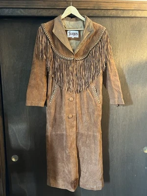 VINTAGE DIAMOND LEATHER WESTERN FRINGE DUSTER TRENCH JACKET COAT MEDIUM - Image 1 of 4