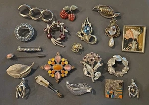 Vintage Silver Tone Brooches Brooch Pins Lot Of 20 Cherries Floral Rhinestone - Picture 1 of 11