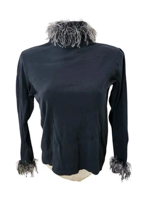 Vintage Women’s Black Turtleneck Top w/ Fringe One Size 90s Artsy Long Sleeve - Image 1 of 4