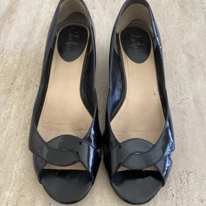 Cole Haan Black Patent & Croc Peep Toe Women's Wedge, 10AA - Picture 1 of 6
