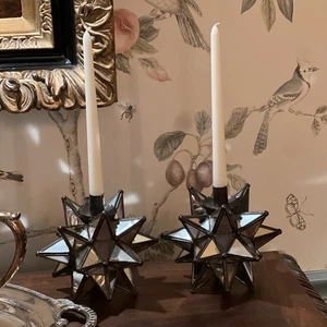 2 Vtg Mirror GLASS Moravian Star Moroccan CANDLE HOLDER Table Top TALL Candles - Picture 1 of 14