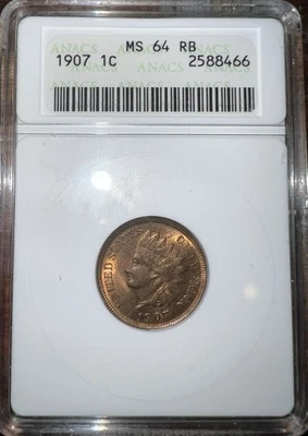 1907 1c Indian Head Cent-Old ANACS Soapbox Slab-MS 64 RB-Incredible Piece! - Image 1 of 2