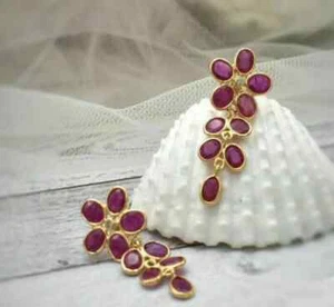 14k Yellow Gold Plated 3.00ct Oval Simulated red Ruby Drop Dangle Earring Women - Picture 1 of 4