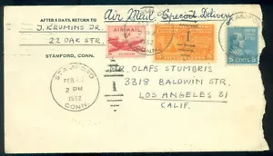 USA Stamford 1952 Airmail Prexie Special Delivery Sc.E16 Cover to Los Angeles CA - Picture 1 of 2