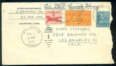 USA Stamford 1952 Airmail Prexie Special Delivery Sc.E16 Cover to Los Angeles CA - Image 1 of 2