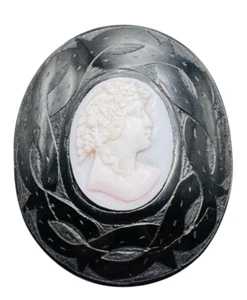 Antique Victorian Whitby Jet Cameo Brooch Hand Carved Shell Goddess - Picture 1 of 10