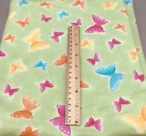 PINK YELLOW BLUE BUTTERFLIES on Lt Green Background Cotton Fab Remnant 33” x 45” - Picture 1 of 1