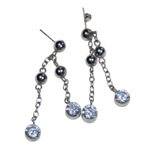 Women's Polished Stainless Steel Dangle Chain Earrings with Beads and CZ Accents - Picture 1 of 2