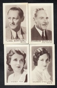 4 1936 Film Cards LIONEL BARRYMORE - MAUREEN O'SULLIVAN - SIDNEY FOX - C RUGGLES