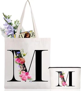 Initial Canvas Tote Bag Floral Letter Personalized Makeup Floral_m - Picture 1 of 7