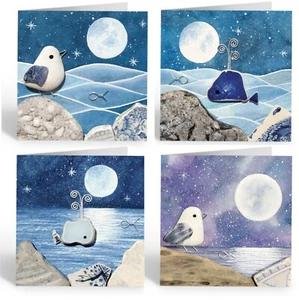 Seaside Greetings Cards (4 Pack) - Whales & Seagull - Watercolour Pebble Art - Picture 1 of 5