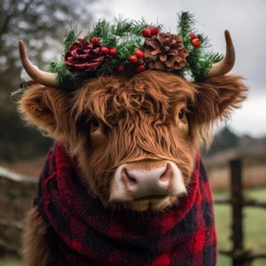 Impresión festiva en lienzo de vaca Highland | Arte de animales de granja de Navidad | 30x30 y tamaños - Imagen 1 de 1