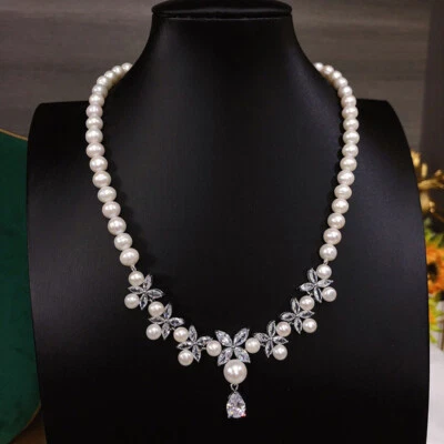 8-9 мм белый пресноводный жемчуг ожерелье 18» cz подвеска - Изображение 1 из 4