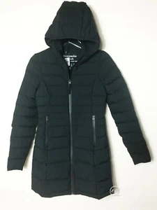 NWT Abercombie Womens Long Stretch Lightweight Hooded Puffer Jackets Black XXS - Picture 1 of 6