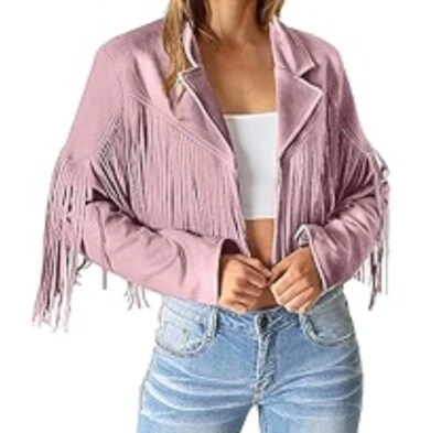 Flawless Lavander女式条纹人造麂皮绒夹克流苏短小号 — 第 1/4 张图片