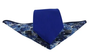 Royal Blue Plain Silk Tie, Blue Tropical Floral Silk & Cotton Pocket Square Set - Picture 1 of 9