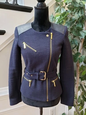 Michael Kors Womens Navy Lined Asymmetrical Gold Zipper Belted Jacket Size 2 - Изображение 1 из 4