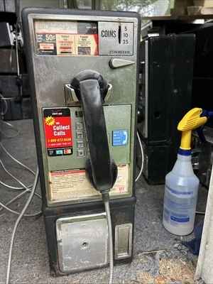 Cabina telefónica negra vintage teléfono público botón pulsador teléfono GTE Frontier Verizon Foto 1 de 4