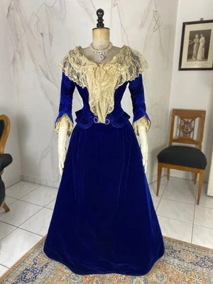 Victorian Tea Party Dress 1870s Victorian Afternoon Blue Velvet Dress Historical - Image 1 of 4