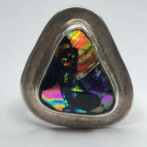 925 Sterling Silver Ring Dichroic Glass Size Adjustable 7 - 10 Statement Vintage - Picture 1 of 9