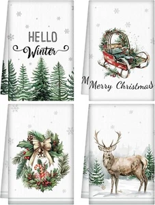 4Pc Christmas Hand towels - Hello Winter, Forest, Pine, Elk, Green - Picture 1 of 4