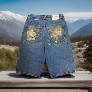 FUBU Y2K THE COLLECTION BLUE JEAN SHORTS SIZE 16 VINTAGE BAGGY 10” DRIP - Picture 1 of 14