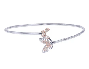 Butterflies 1/5 CT Real Diamond Bangle Bracelet 10K White-Rose Gold 17MM 6.75" - Picture 1 of 4