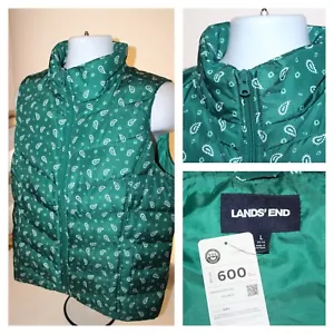 NWT LANDS END Womens Full Zip Puffer Vest Zip 600 Down Green Paisley Sz L 14-16 - Picture 1 of 8